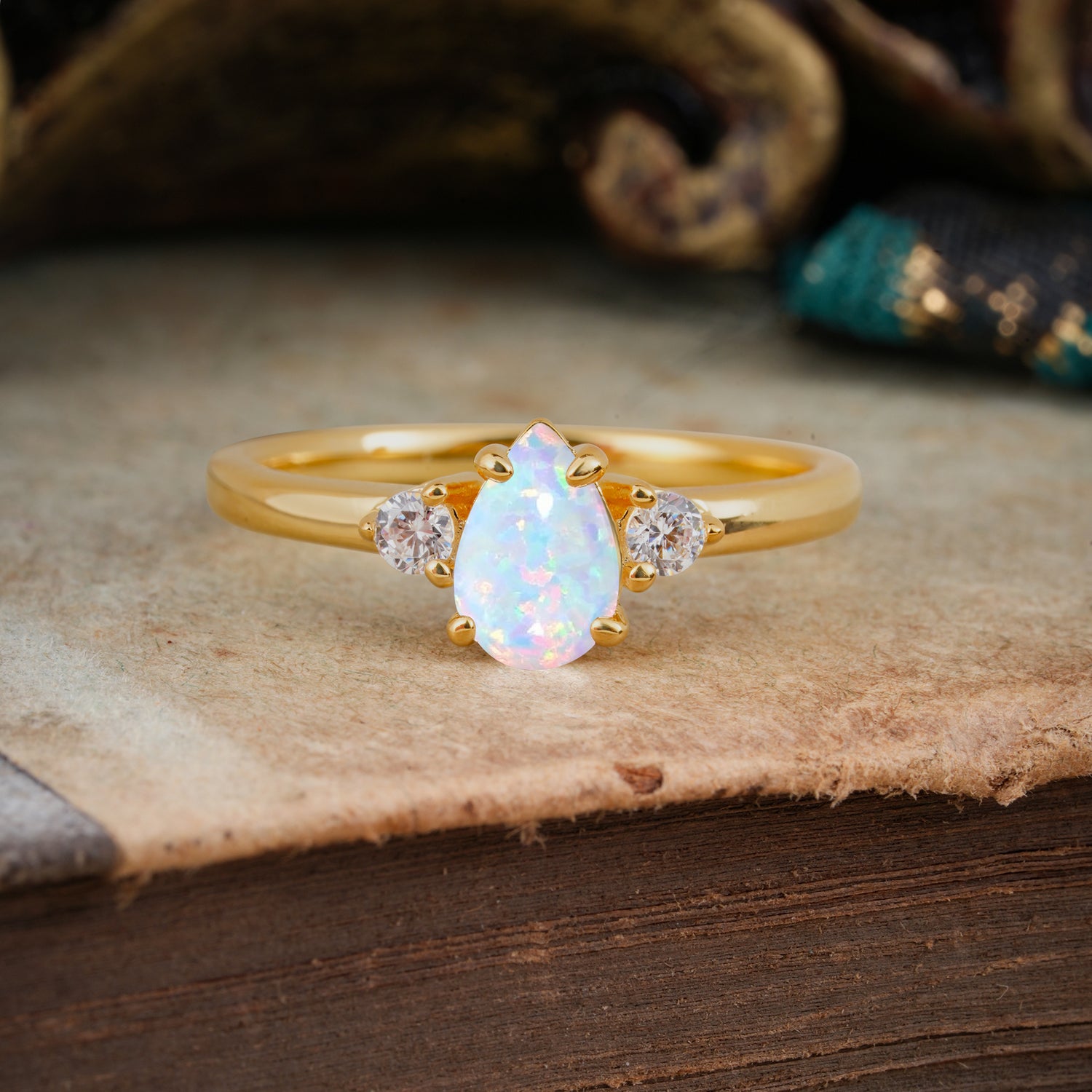 Classic Pear Cut Opal Three Stone Engagement Ring Four Claw Prong Setting