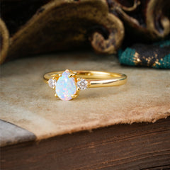Classic Pear Cut Opal Three Stone Promise Ring Four Claw Prong Setting
