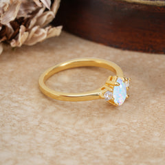 Classic Pear Cut Opal Three Stone Promise Ring Four Claw Prong Setting