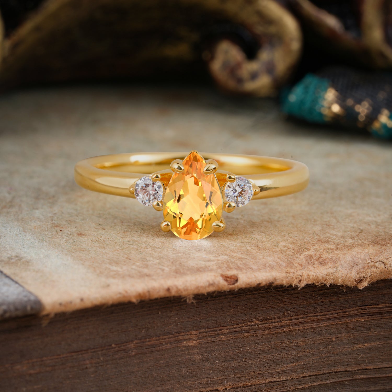 Classic Pear Cut Citrine Three Stone Engagement Ring Four Claw Prong Setting