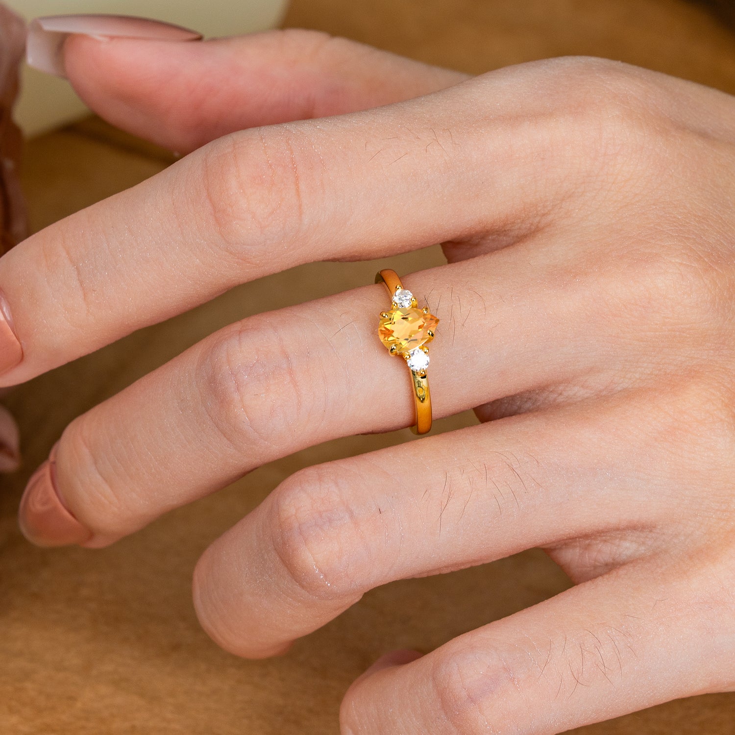 Classic Pear Cut Citrine Three Stone Engagement Ring Four Claw Prong Setting