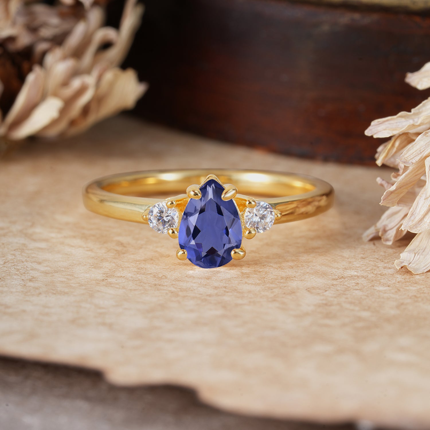 Classic Pear Cut Tanzanite Three Stone Engagement Ring Four Claw Prong Setting