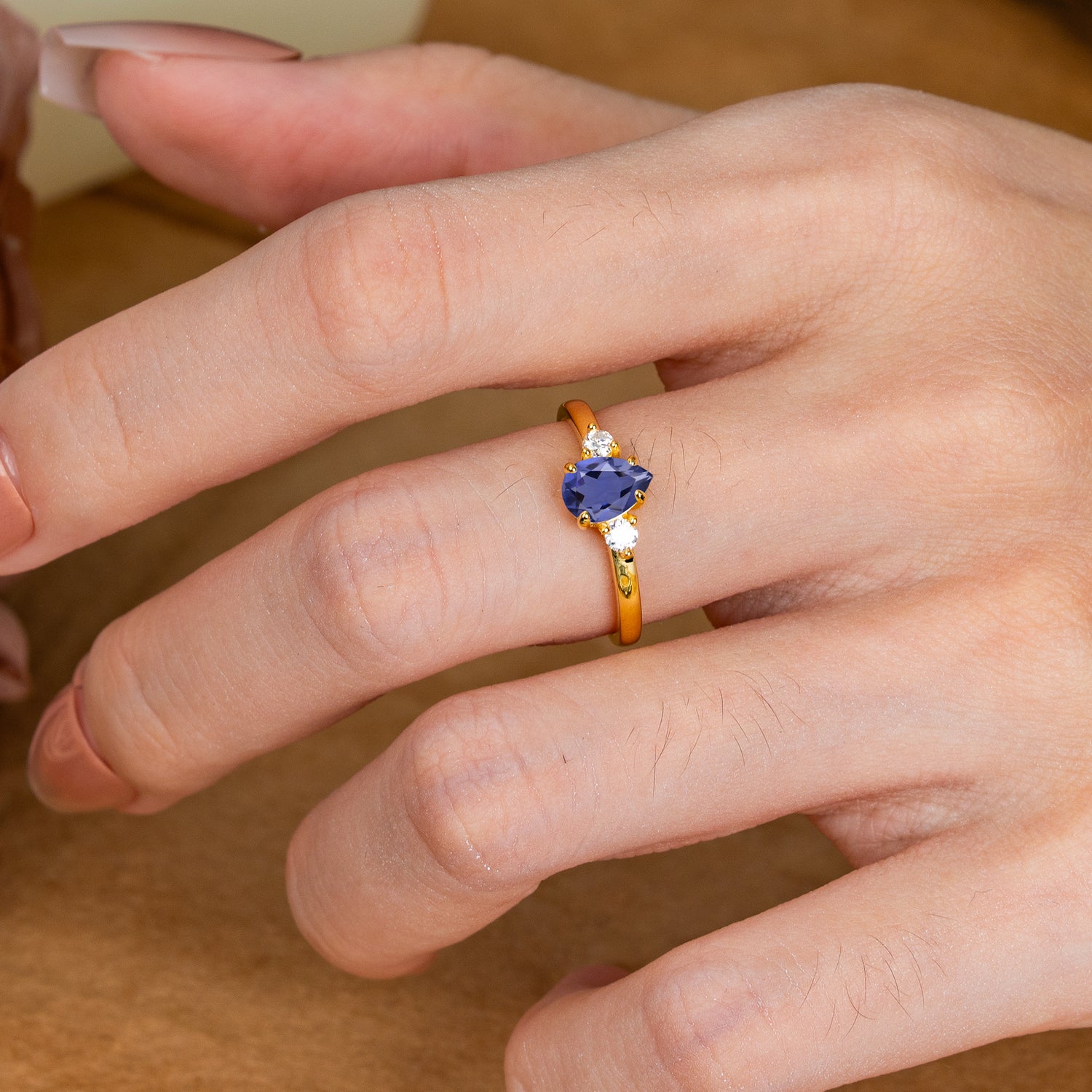 Classic Pear Cut Tanzanite Three Stone Engagement Ring Four Claw Prong Setting