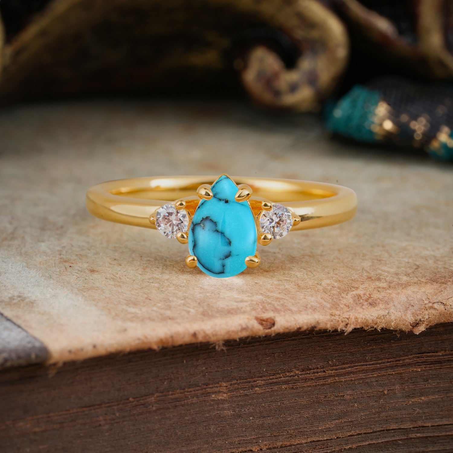 Classic Pear Cut Three Stone Turquoise Engagement Ring Four Claw Prong Setting