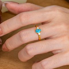 Classic Pear Cut Three Stone Turquoise Promise Ring Four Claw Prong Setting