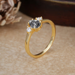 Classic Pear Cut Black Rutilated Quartz Three Stone Promise Ring Four Claw Prong Setting