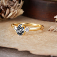 Classic Pear Cut Black Rutilated Quartz Three Stone Promise Ring Four Claw Prong Setting