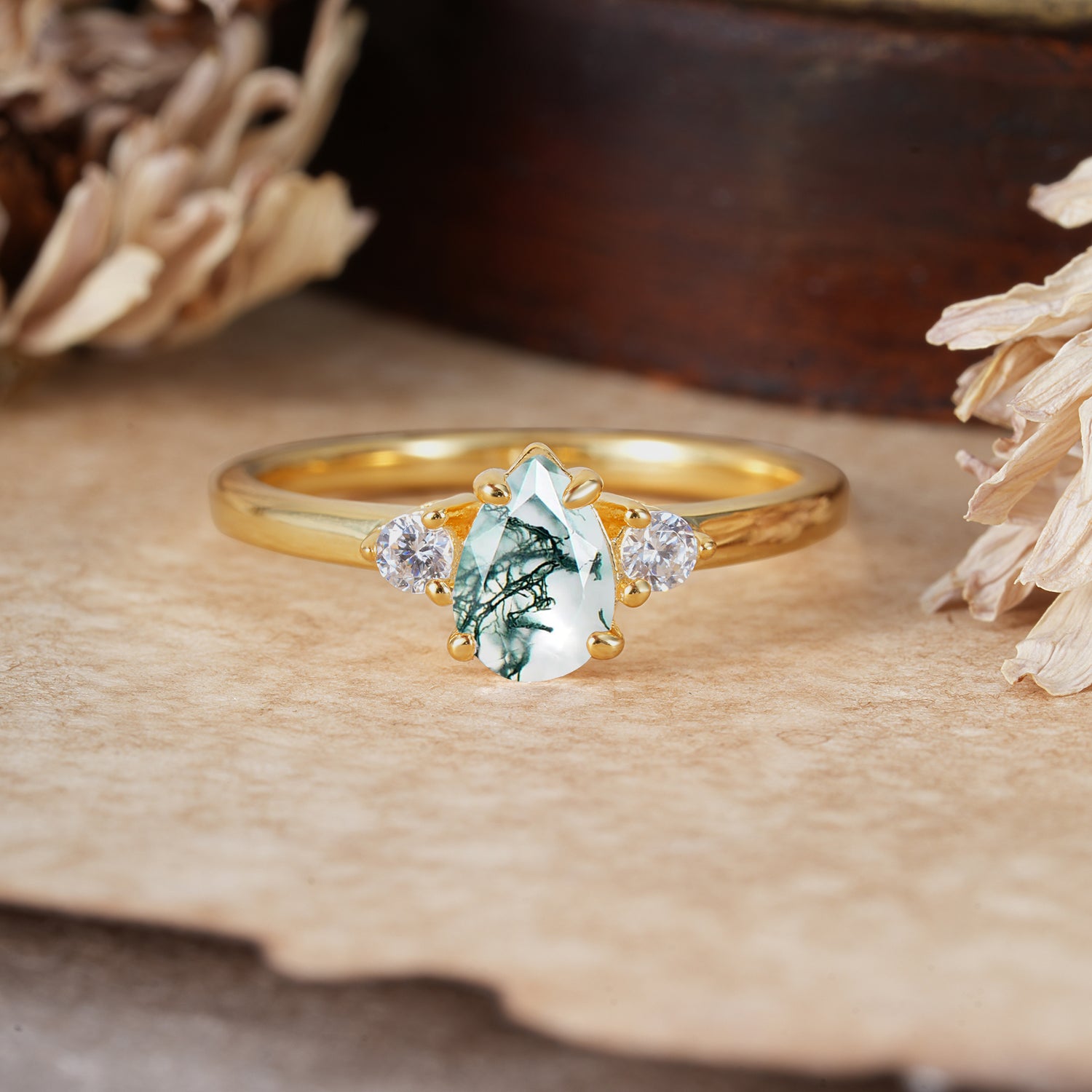 Classic Pear Cut Moss Agate Three Stone Engagement Ring Four Claw Prong Setting