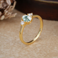 Classic Pear Cut Moss Agate Three Stone Promise Ring Four Claw Prong Setting
