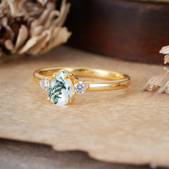 Classic Pear Cut Moss Agate Three Stone Promise Ring Four Claw Prong Setting