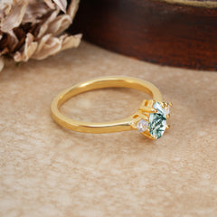 Classic Pear Cut Moss Agate Three Stone Promise Ring Four Claw Prong Setting