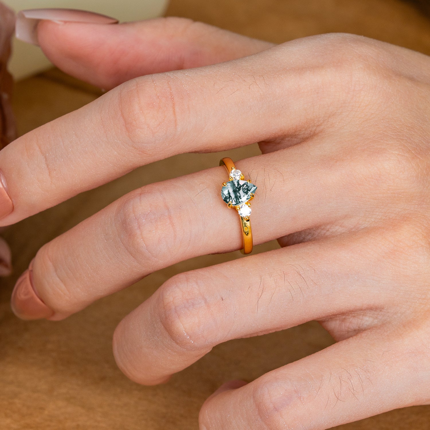 Classic Pear Cut Moss Agate Three Stone Engagement Ring Four Claw Prong Setting