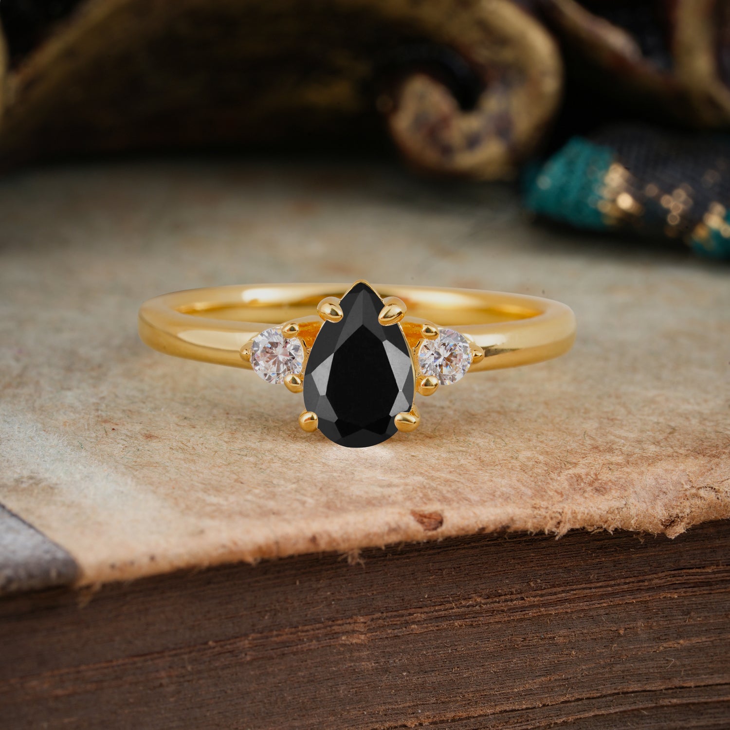 Classic Pear Cut Black Onyx Three Stone Engagement Ring Four Claw Prong Setting