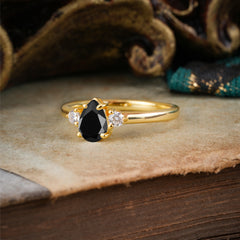 Classic Pear Cut Black Onyx Three Stone Promise Ring Four Claw Prong Setting