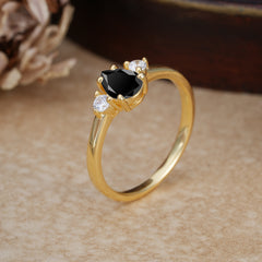 Classic Pear Cut Black Onyx Three Stone Promise Ring Four Claw Prong Setting