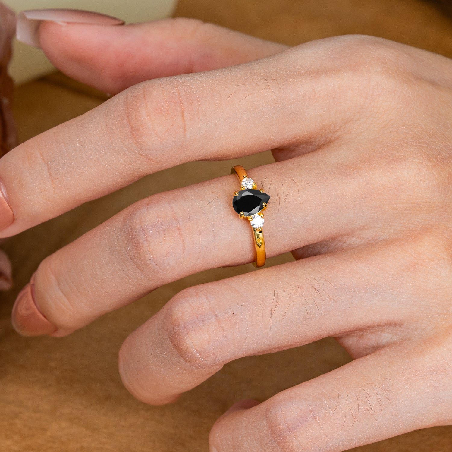 Classic Pear Cut Black Onyx Three Stone Engagement Ring Four Claw Prong Setting