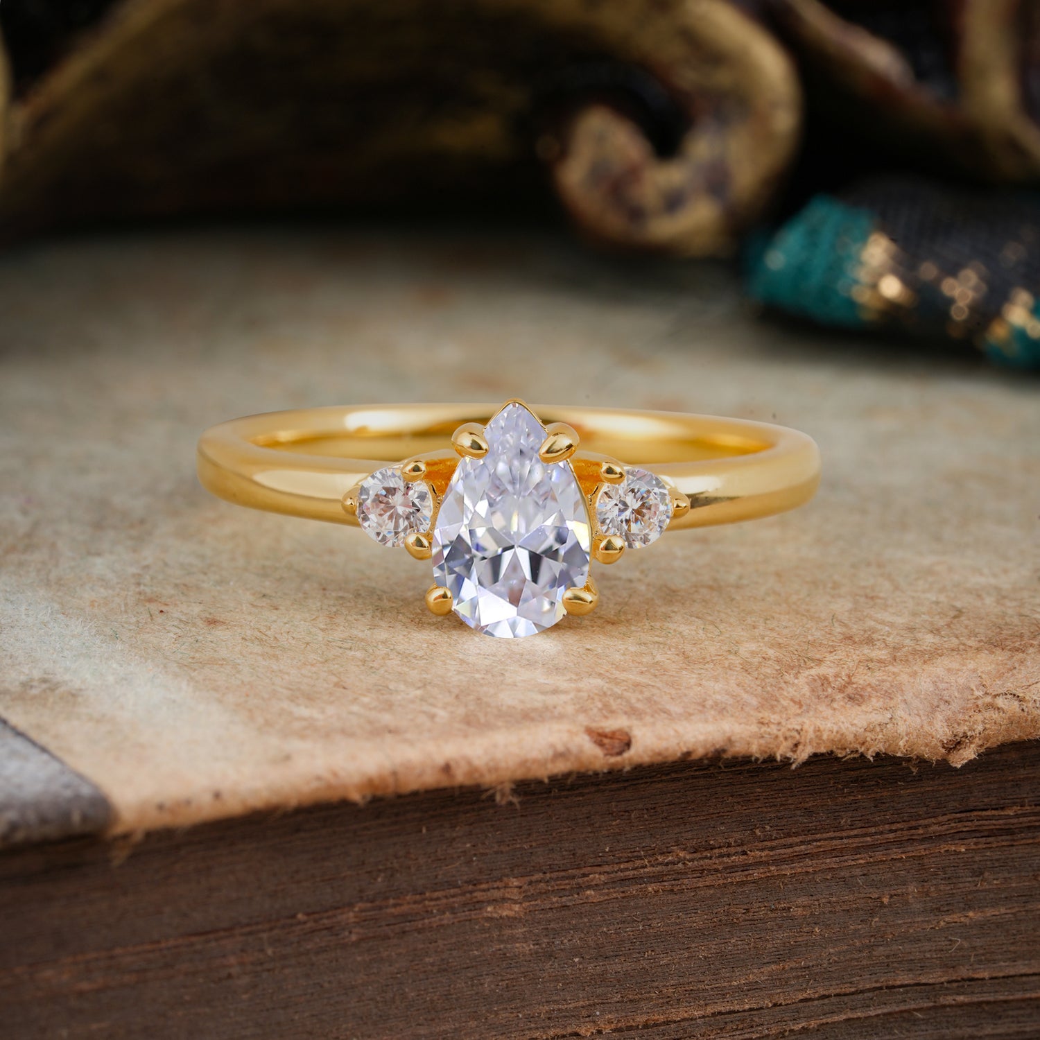 Classic Pear Cut Three Stone Lab Diamond Engagement Ring Four Claw Prong Setting