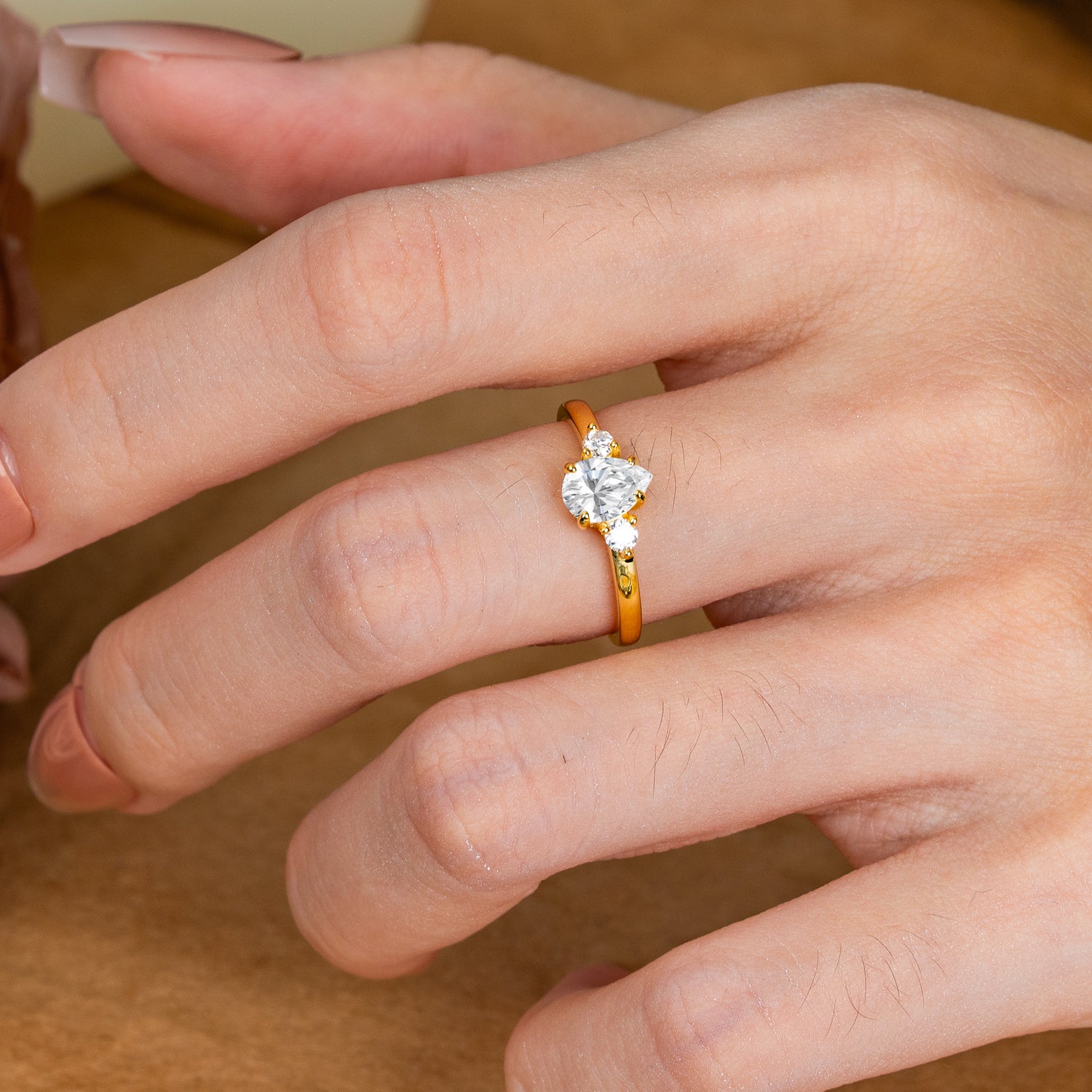Classic Pear Cut Three Stone Lab Diamond Engagement Ring Four Claw Prong Setting