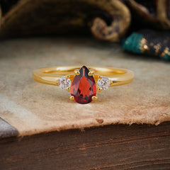 Classic Pear Cut Garnet Three Stone Promise Ring Four Claw Prong Setting
