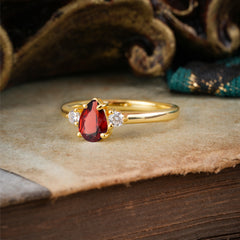 Classic Pear Cut Garnet Three Stone Promise Ring Four Claw Prong Setting