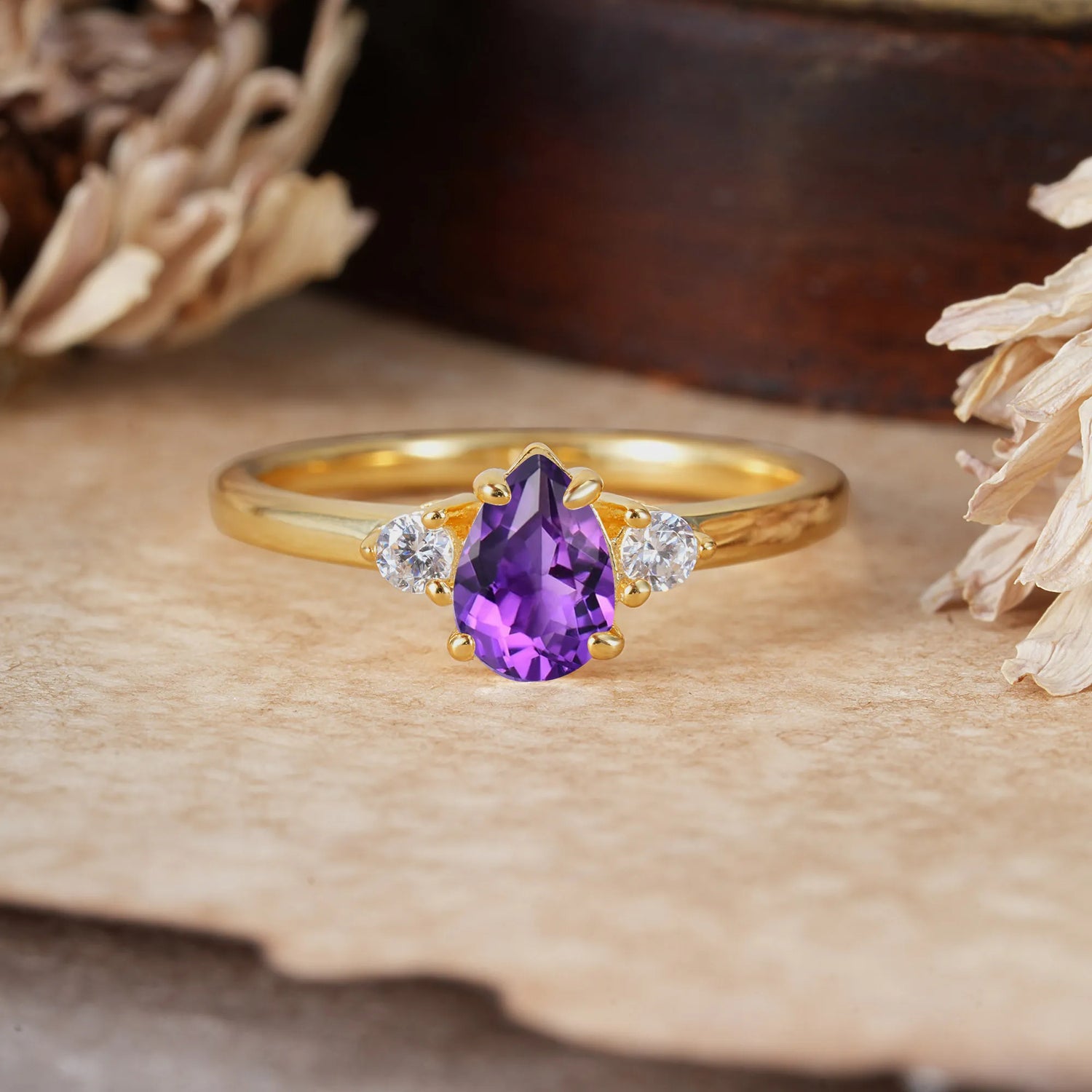 Classic Pear Cut Amethyst Three Stone Promise Ring Four Claw Prong Setting