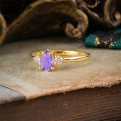 Classic Pear Cut Amethyst Three Stone Promise Ring Four Claw Prong Setting