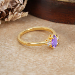 Classic Pear Cut Amethyst Three Stone Promise Ring Four Claw Prong Setting