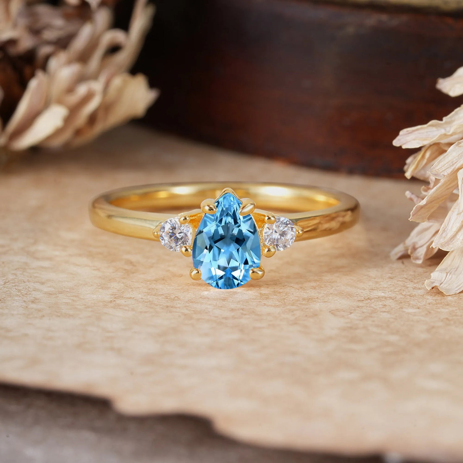 Classic Pear Cut Aquamarine Three Stone Engagement Ring Four Claw Prong Setting