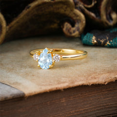 Classic Pear Cut Aquamarine Three Stone Promise Ring Four Claw Prong Setting