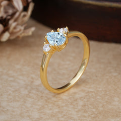 Classic Pear Cut Aquamarine Three Stone Promise Ring Four Claw Prong Setting