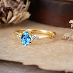 Classic Pear Cut Aquamarine Three Stone Promise Ring Four Claw Prong Setting