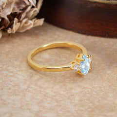Classic Pear Cut Aquamarine Three Stone Promise Ring Four Claw Prong Setting
