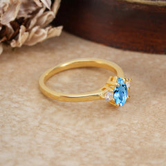 Classic Pear Cut Aquamarine Three Stone Promise Ring Four Claw Prong Setting