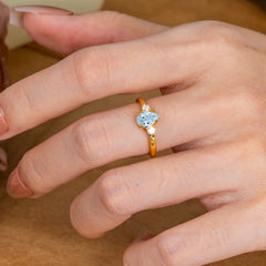 Classic Pear Cut Aquamarine Three Stone Promise Ring Four Claw Prong Setting