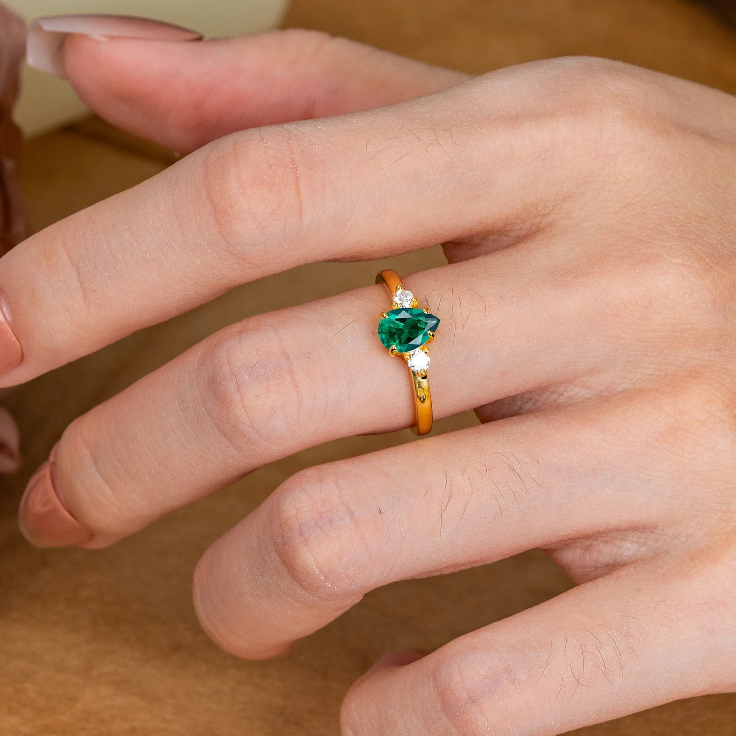 Classic Pear Cut Three Stone Emerald Engagement Ring Four Claw Prong Setting