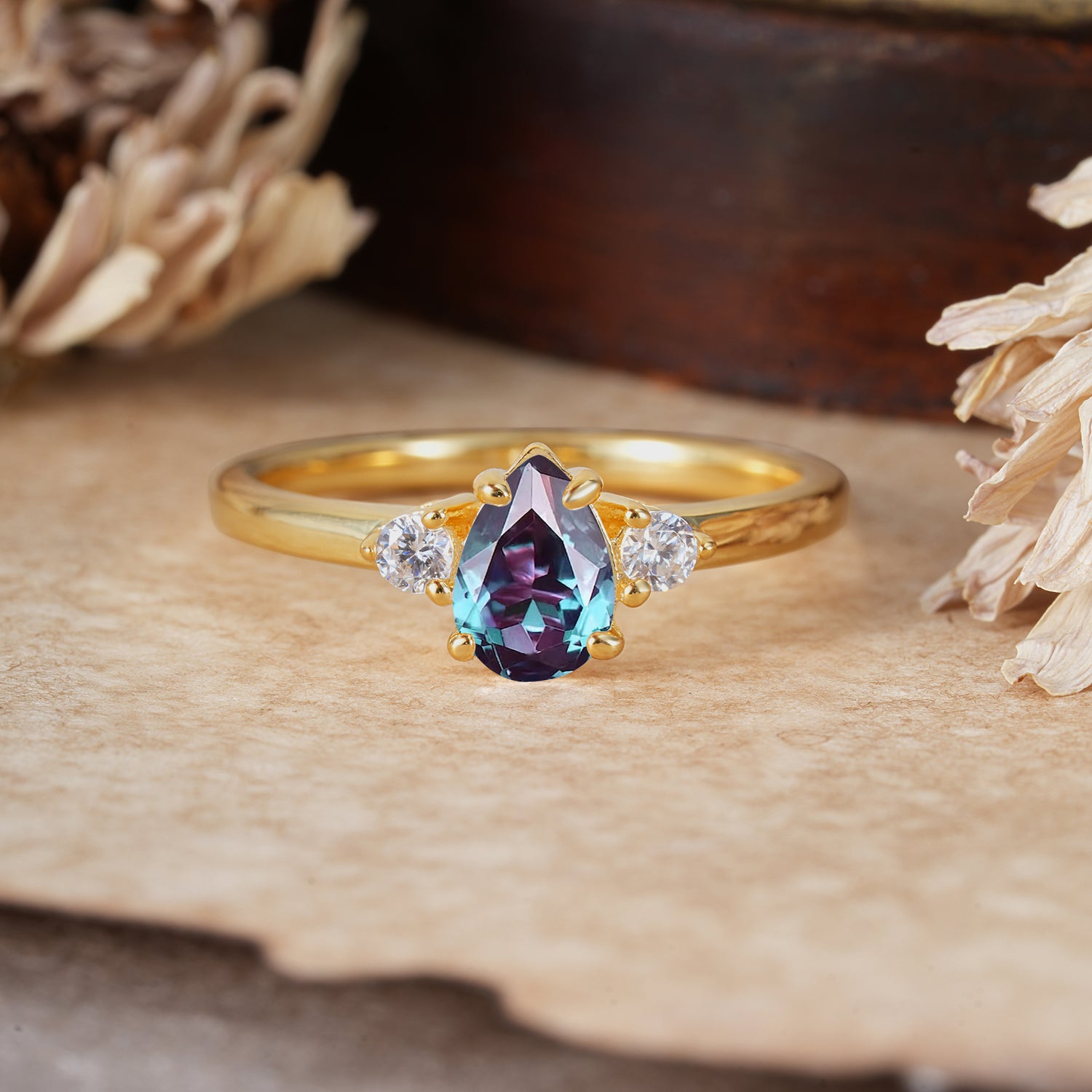 Classic Pear Cut Alexandrite Three Stone Engagement Ring Four Claw Prong Setting