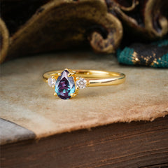 Classic Pear Cut Alexandrite Three Stone Promise Ring Four Claw Prong Setting