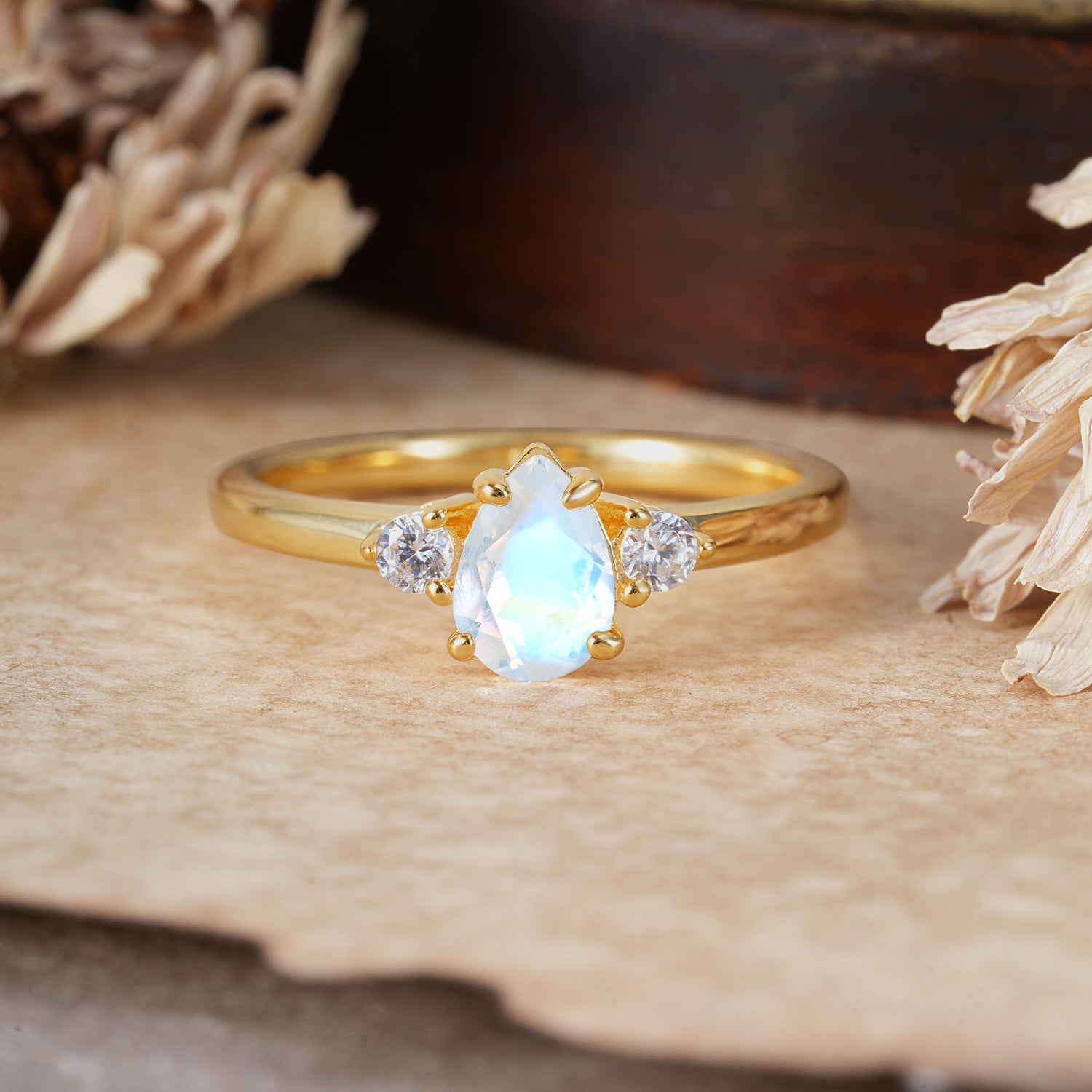 Classic Pear Cut Natural Moonstone Three Stone Engagement Ring Four Claw Prong Setting