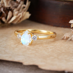 Classic Pear Cut Natural Moonstone Three Stone Promise Ring Four Claw Prong Setting