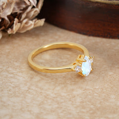 Classic Pear Cut Natural Moonstone Three Stone Promise Ring Four Claw Prong Setting