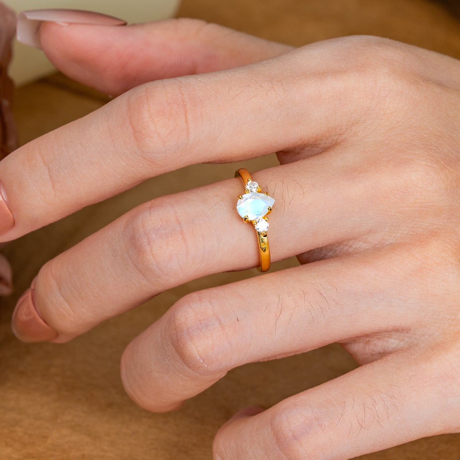 Classic Pear Cut Natural Moonstone Three Stone Engagement Ring Four Claw Prong Setting