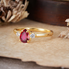 Classic Pear Cut Ruby Three Stone Promise Ring Four Claw Prong Setting