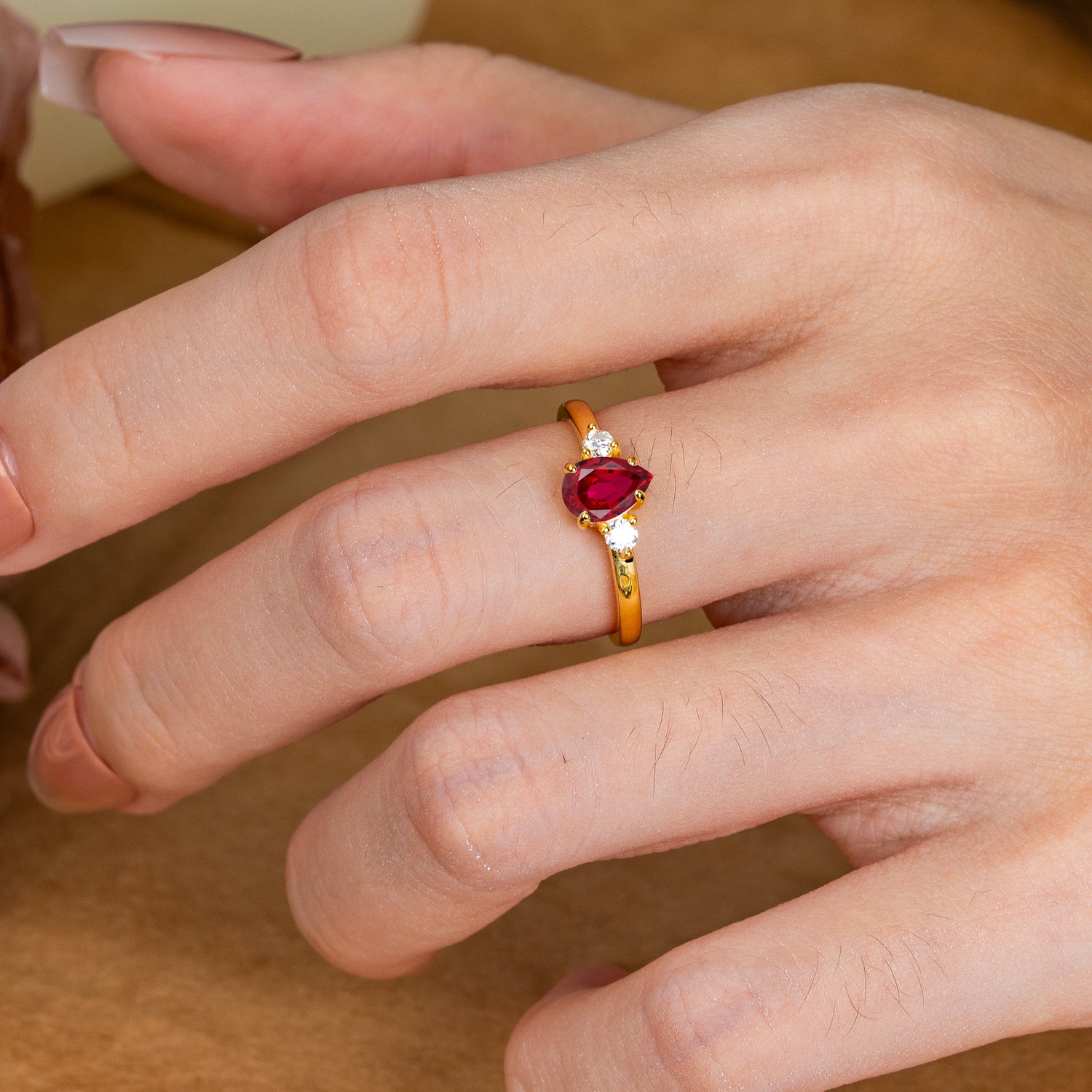Classic Pear Cut Ruby Three Stone Engagement Ring Four Claw Prong Setting