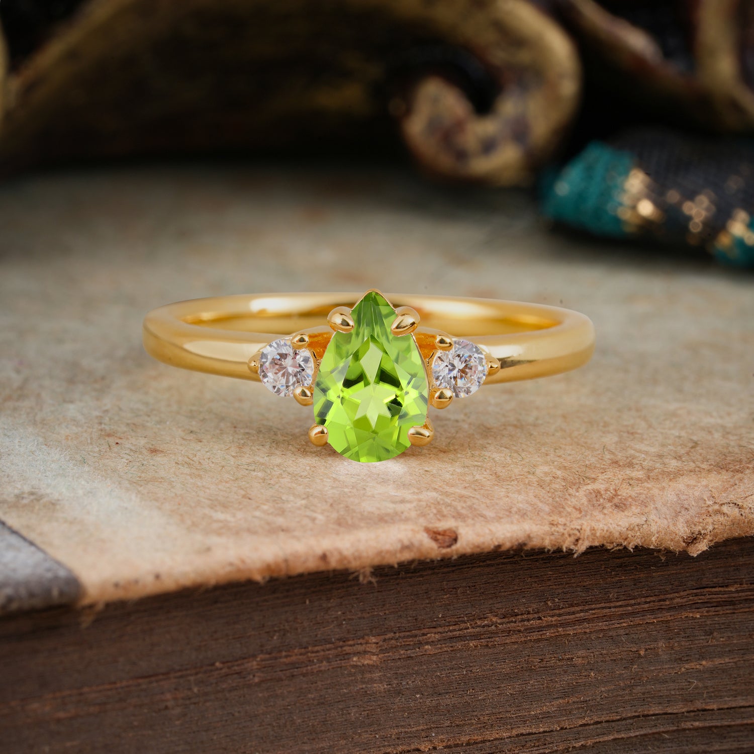 Classic Pear Cut Peridot Three Stone Engagement Ring Four Claw Prong Setting