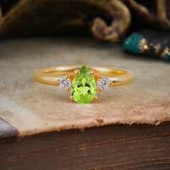 Classic Pear Cut Peridot Three Stone Promise Ring Four Claw Prong Setting
