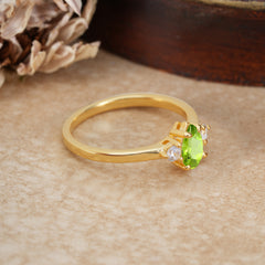 Classic Pear Cut Peridot Three Stone Promise Ring Four Claw Prong Setting