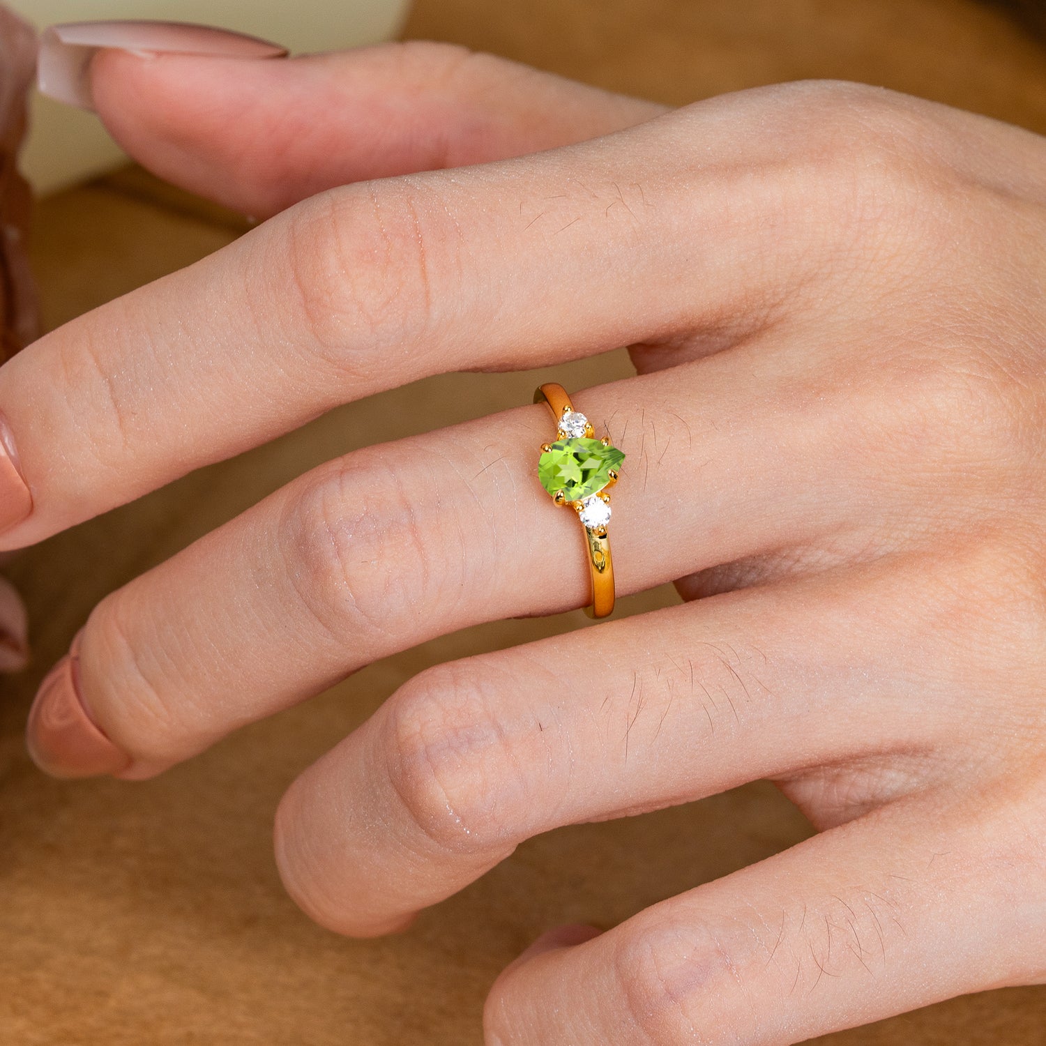 Classic Pear Cut Peridot Three Stone Engagement Ring Four Claw Prong Setting