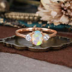 1 Carat Oval Shaped Classic Three Stone Opal Wedding Ring