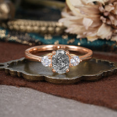 1 Carat Oval Shaped Classic Three Stone Black Rutilated Quartz Wedding Ring