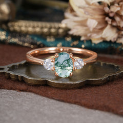 1 Carat Oval Shaped Classic Three Stone Moss Agate Wedding Ring